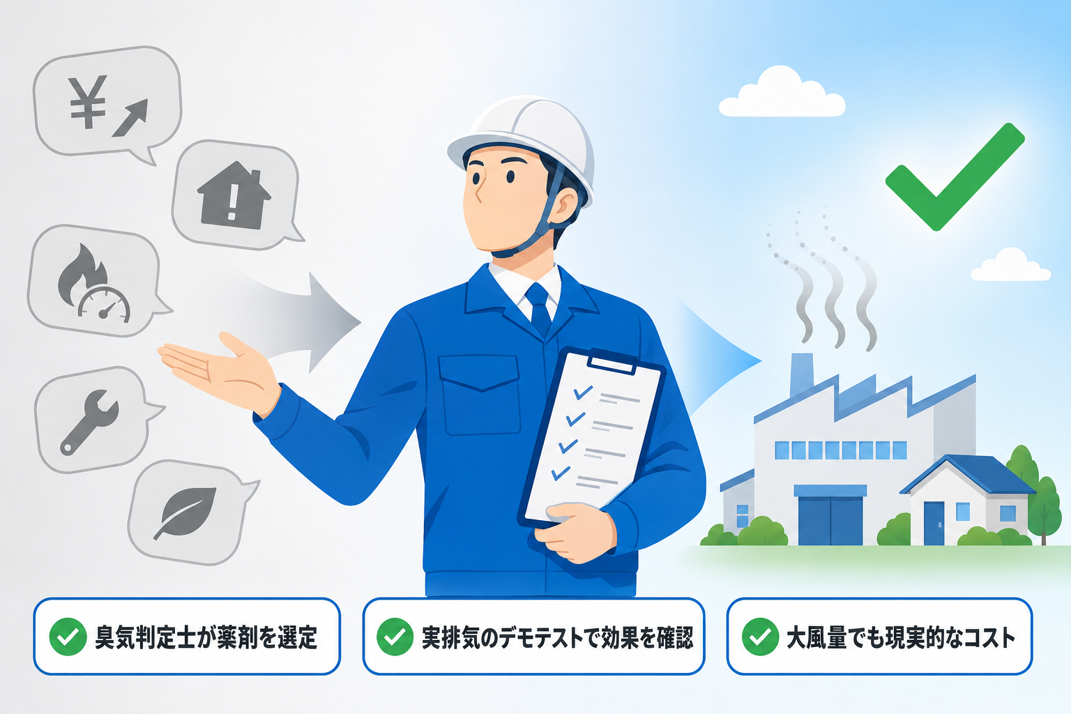 臭気のプロ(臭気判定士)が悩みを受け止め、薬剤選定・デモテスト・現実的なコストで解決するイメージ
